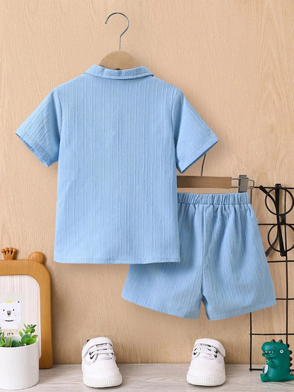 Summer Boys' Sets Blue Wave Shirt Shorts Casual Two-Piece Simple Kids Clothing