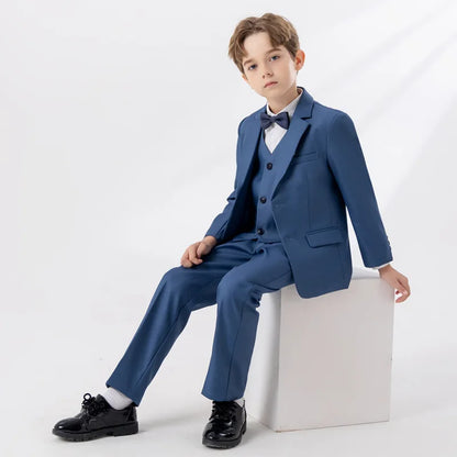 Child Autumn Formal Solid Color Suit Set Kids Performance Piano Host Wedding Party Costume Kids Blazer Vest Pants Bowtie Outfit