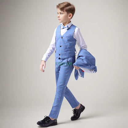 Boys Formal Plaid Slim Fit Dress Suits Ring Bearer Outfit Child Wedding Party Performance Photography Costume Kids Tuxedo Dress