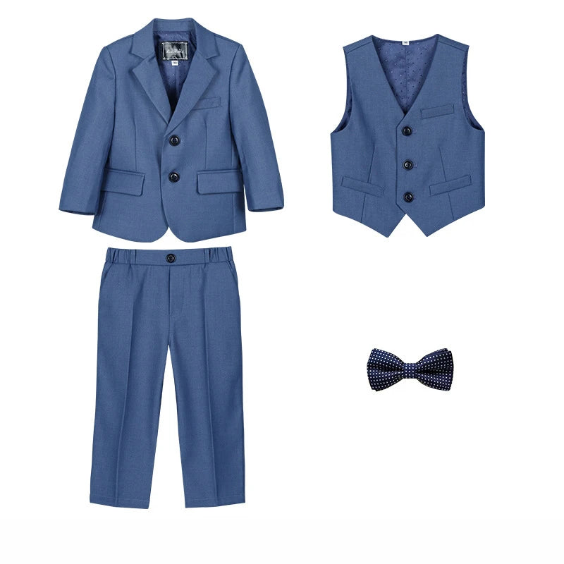 Child Autumn Formal Solid Color Suit Set Kids Performance Piano Host Wedding Party Costume Kids Blazer Vest Pants Bowtie Outfit