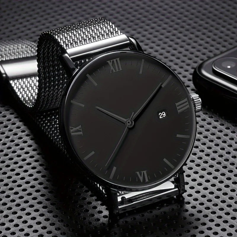 3pcs Men's Fashion Simple Business Mesh Belt Quartz Watch With 2 Bracelet Set Gift For Father And Boyfriend