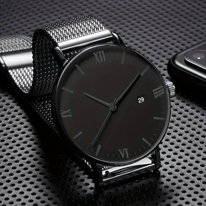 3pcs Men's Fashion Simple Business Mesh Belt Quartz Watch With 2 Bracelet Set Gift For Father And Boyfriend