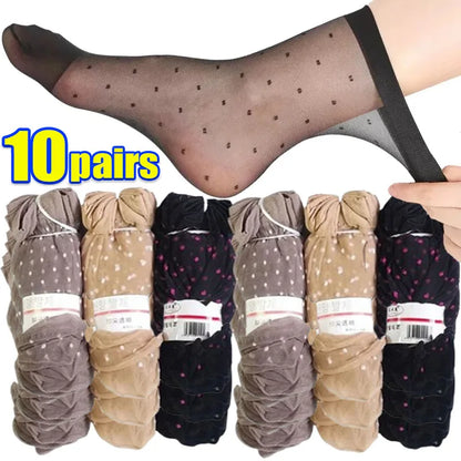 New Women's Dot Silk Socks Transparent Thin Breathable Summer Fashion Nylon Short Stock Female Non-Slip Stretch Ankle Sexy Sock