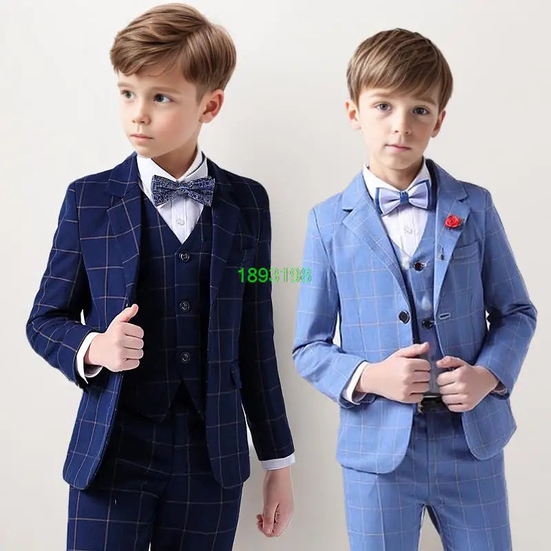 Boys Formal Plaid Slim Fit Dress Suits Ring Bearer Outfit Child Wedding Party Performance Photography Costume Kids Tuxedo Dress
