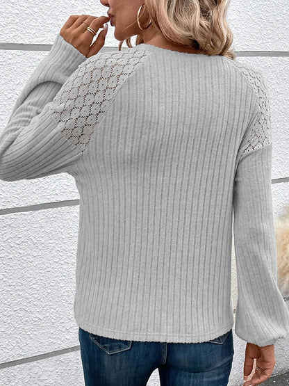 Lace Stitching T-shirt For Women Long Sleeve Tops Button Shirts & Blouses Round Neck Pulovers