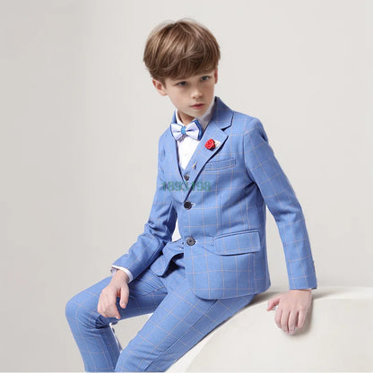 Boys Formal Plaid Slim Fit Dress Suits Ring Bearer Outfit Child Wedding Party Performance Photography Costume Kids Tuxedo Dress