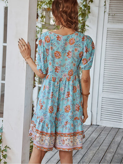 Puff Sleeve Summer Dress Women Loose Ruffle Boho Beach Sundress Green Vintage Elegant Lace-up Mini Dresses