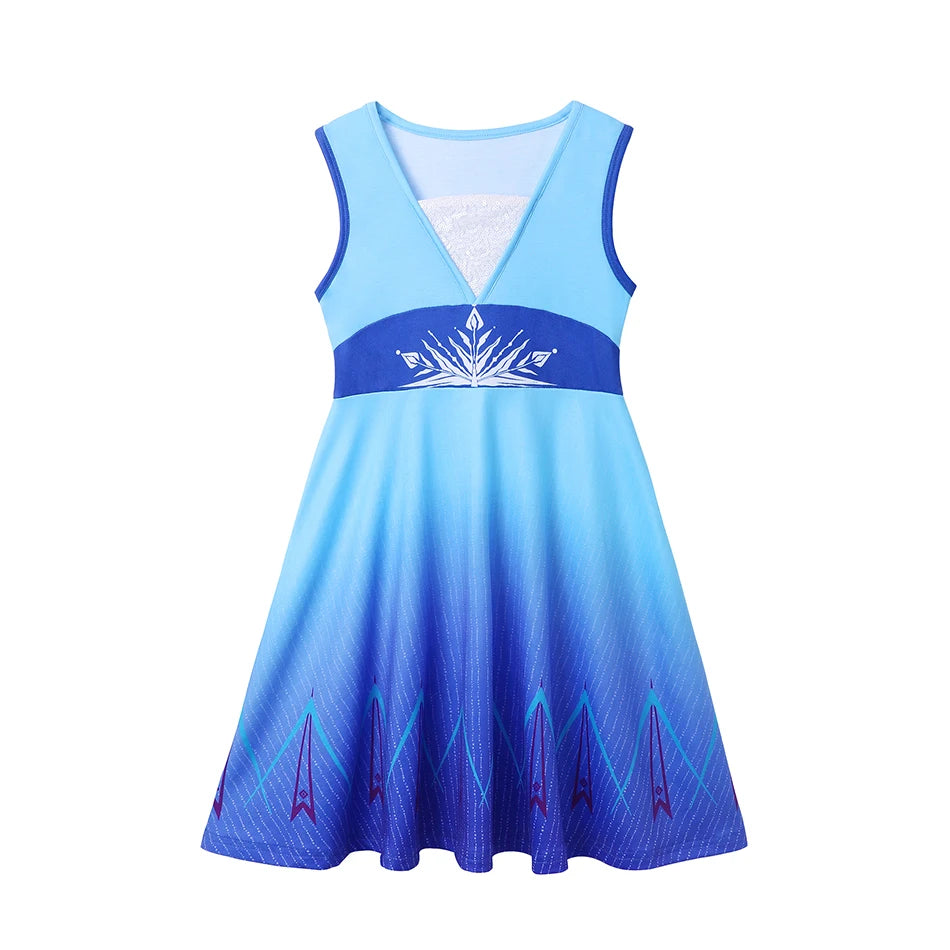 2-10Y Cute Girl Princess Style Summer Vest Dress Cotton Knee Length Sundress Toddler Elsa Ariel Rapunzel Anna Role Play Clothing