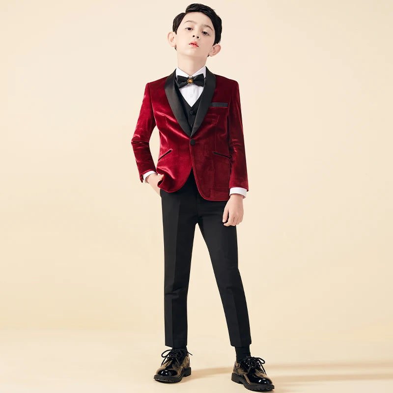 child Corduroy Slim Suit Set Formal Boy Party Wedding Handsome Piano Host Performance Costume Kids Blazer Pants Bowtie outfit