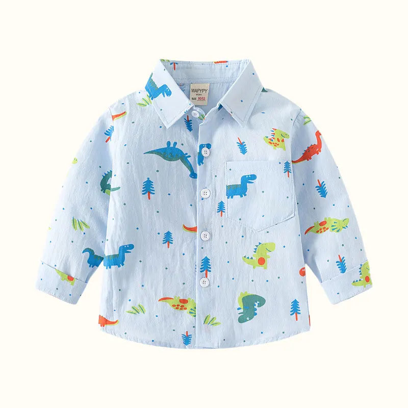 Boy Trendy  Shirt Breathable Durable Kids Casual  Long sleeved Dinosaur pattern Front Button Tops  Autumn  Children clothing