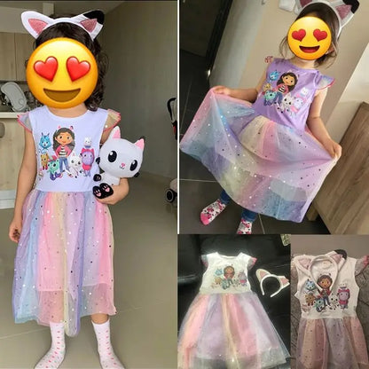 Cartoon Gabby Cats Baby Girl Dresses Kids Gabby's Doll House Clothes Cosplay Costume Children Fly Sleeve Casual Dress + Headband