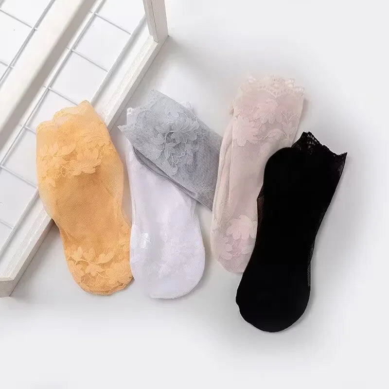 5 Pairs Summer Pure Cotton Women Socks Leaves Lace Invisible Thin Ladies Boat Hollow Non-slip Shallow Stockings