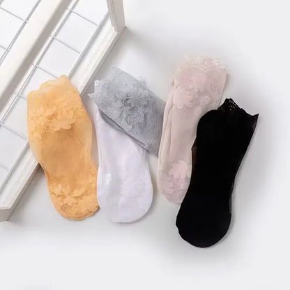 5 Pairs Summer Pure Cotton Women Socks Leaves Lace Invisible Thin Ladies Boat Hollow Non-slip Shallow Stockings