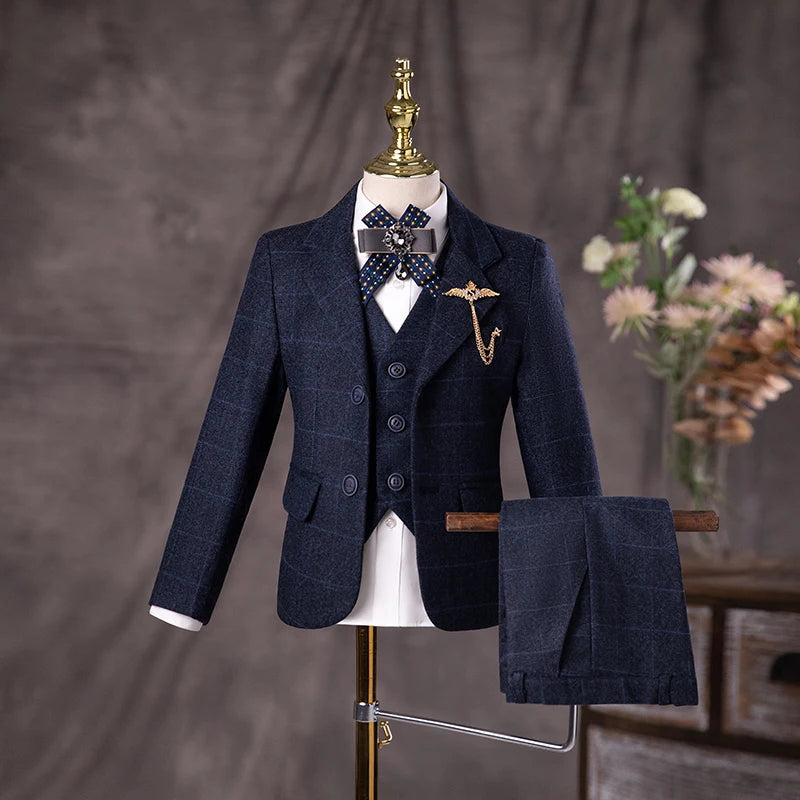 Children's British Style Suit Set Boy Catwalk Wedding Baby Birthday Host Piano Performance Costume Autumn Winter Kids Blazer