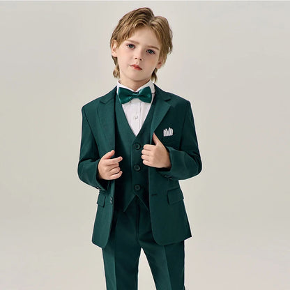 Child Green Formal Slim Fit Suit Set Boys Wedding Birthday Performance Photography Costume Kids Blazer Vest Pants Bowtie Outfit